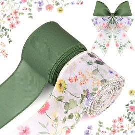 Bolsome 2 Rolls 20 Yards Floral Wired Edge Ribbon Green Leaves Spring Wildflowers Printed Burlap Ribbon for Gift Wrapping Bow Wreath Making for Birthday Wedding Craft Supplies (Green)