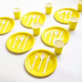 Party Paper Plates, Cups, Flatware, 120-Piece Disposable Dinnerware Set, Yellow, Includes 9-Inch Dinner Plates, 9oz Cups, Knives, Forks, and Spoons, Serves 24