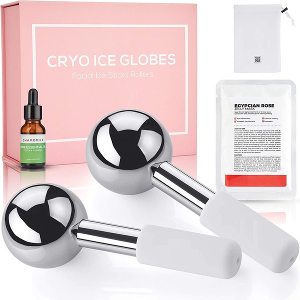 BRÜUN Cryo Ice Globes for Facial Care – A Set of 2 Silver Color Cooling Stainless Steel Skin Care Roller for under Eye and Face Massage at Home and Spa