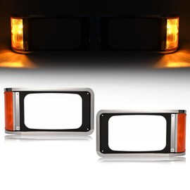 HECASA Headlight Bezels Compatible with 1990-2017 Mack CH613 SFA Hood Truck Headlamp Cover Trim Halogen w/Bulbs Amber Lens Driver & Passenger Side