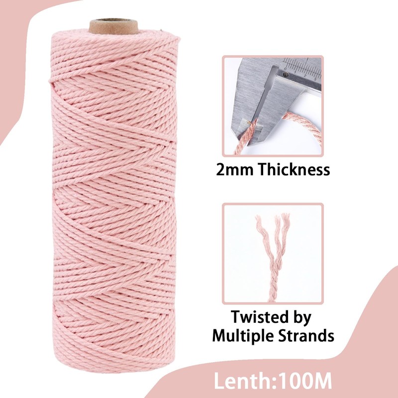 POPOYU 2mm Macrame Cord,100m Natural Cotton Macrame Rope,Light Pink Macrame