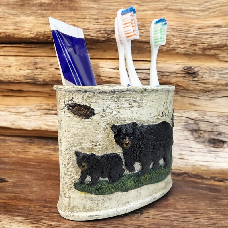 Rustic Black Bear and Cub Toothbrush and Toothpaste Holder –