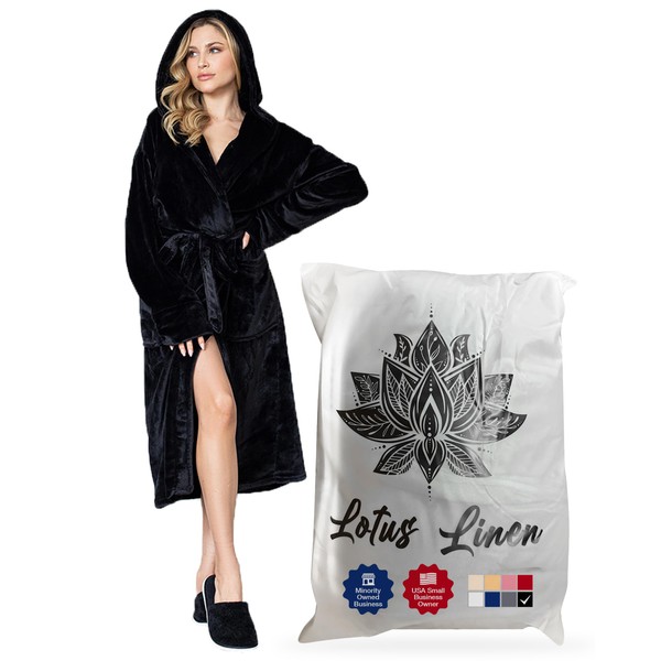 Lotus Linen Hooded Plush Bathrobe for Women, Soft and Cozy