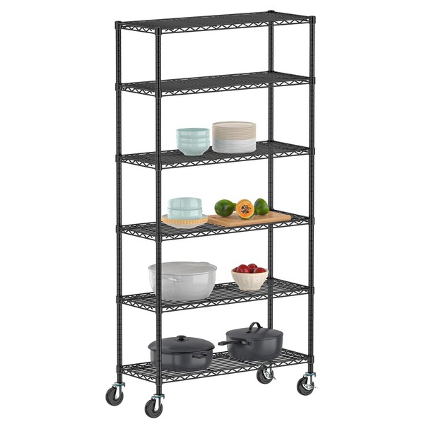 Alexayhome Metal Storage Shelves with Wheels, 6-Tier Rolling Shelf Adjustable