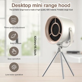 SUNOYA Movable Portable Cooker Hood, Portable Extractor Hood with Replaceable Filter, Mini Cooker Hood with 3 Speeds, Black Desktop Extractor Hood for Home, Kitchen, BBQ (White)