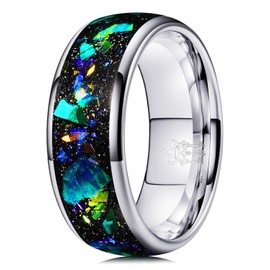 THREE KEYS JEWELRY Tungsten Carbide Mens Blue Color Stones Wedding Black Sand with Green Stone Band 8mm Ring Polish for Men Inlay Engrave Silver Size 11.5