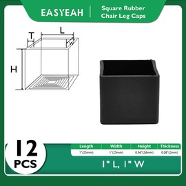 EASYEAH 1" (25mm) Square Chair Leg Floor Protectors, Black Rubber Chair Leg Caps, Non-Slip Patio Furniture Feet Cap, PVC Chair Feet Covers for Hardwood Floors, Tables & Patio Furniture, 12pcs
