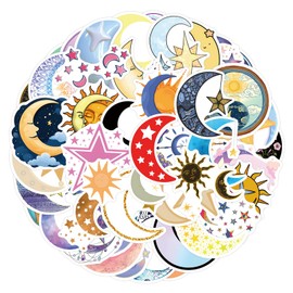 55Pcs Moon and Star Stickers, Decals Vinyl Waterproof Stickers for Water Bottle Laptop Luggage Helmet Skateboard Snowboard Guitar Scrapbook Phone Gifts for Teens Girls Kids Adult(Moon Star)