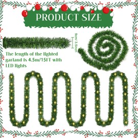 Timoo 15FT Green Christmas Garland with Lights Christmas Greenery Garland with 50 Clear Incandescent Lights Xmas Garland Christmas Pine Garland for Christmas Tree Indoor Outdoor Christmas Garland