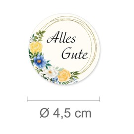 50 Stickers "Alles Gute – Flower Motif" Round Diameter 4.5 cm, Special Occasions Congratulations, Motif Stickers