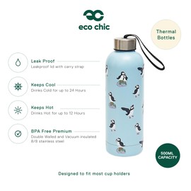 Eco Chic Reusable Thermal Bottle Stainless Steel Leakproof Insulated Water Bottle (Multi Puffin Blue)
