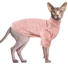 Oslueidy Sphynx Cat Clothes, Hairless Cat Vest Turtleneck Sweater, Kitten Puppy Pullover Shirt with Sleeves, Cat Pajamas Jumper for Sphynx, Cornish Rex, Devon Rex, Peterbald (Pink, M)