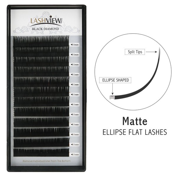 LASHVIEW Eyelash Extensions,Mink Black,Individual Lashes,0.15mm C Curl,SUPER MATTE 11mm,Ellipse Flat
