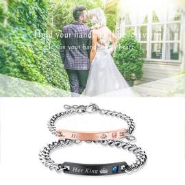 Cupimatch 2pcs King Queen Bracelets, Stainless Steel Loving Bangle Bracelet with Engraved His Queen Her King for Lover Ladies Mens, Rose Gold Silver Black (Black Gold)