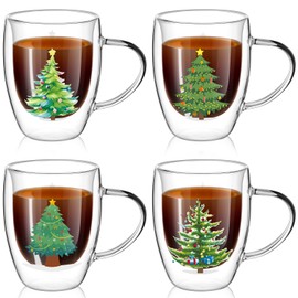 Layhit Christmas Glass Coffee Mugs Set of 4, 12 oz Glass Double with Handle Clear Cups Christmas Holiday Styles Cups Iced Coffee Mugs Christmas Gift(Xmas Tree)
