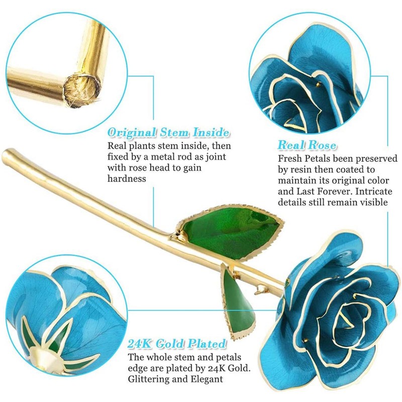 24k Gold Dipped Real Blue Rose 11-12 Inches Long with