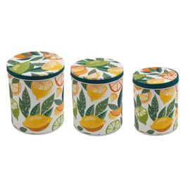 Sifcon International PLC Set of 3 Round Nesting Kitchen Storage Tin/Caddy/Canister/Containers for Tea, Coffee, Sugar - Citrus Burst Design - Yellow, Orange, Green - Largest - 16 cm