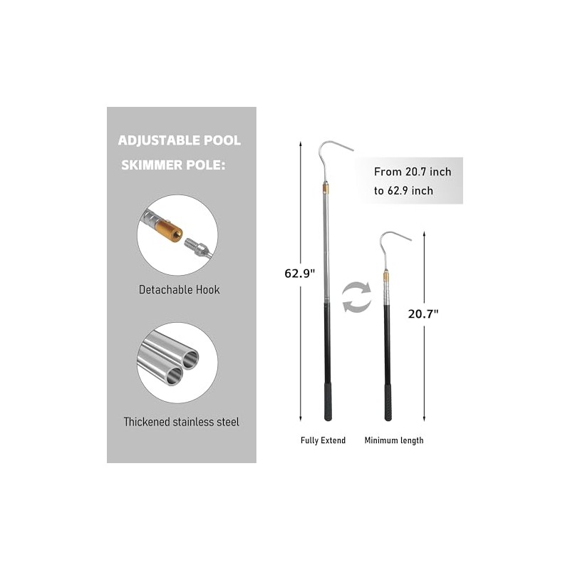 buccilly Pool Skimmer Basket Hook Extendable Pool Filter Skimmer Handle