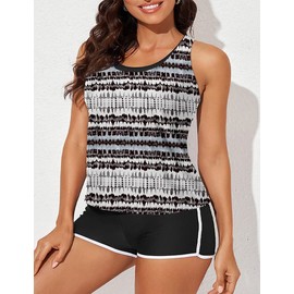 Bsubseach Mujer Tankini Traje de baño de 3 Piezas Tank Top con Sujetador Deportivo con Pantalones Cortos Negro XXL
