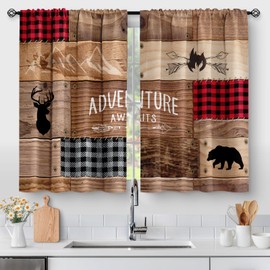 Aimego Rustic Wooden Kitchen Curtains - Farmhouse Cabin Bear Deer Country Retro Small Short Cafe Curtains Buffalo Plaid Tier Curtains Decor for Living Room Rod Pocket Window Drapes 2 Panels 28"x36"