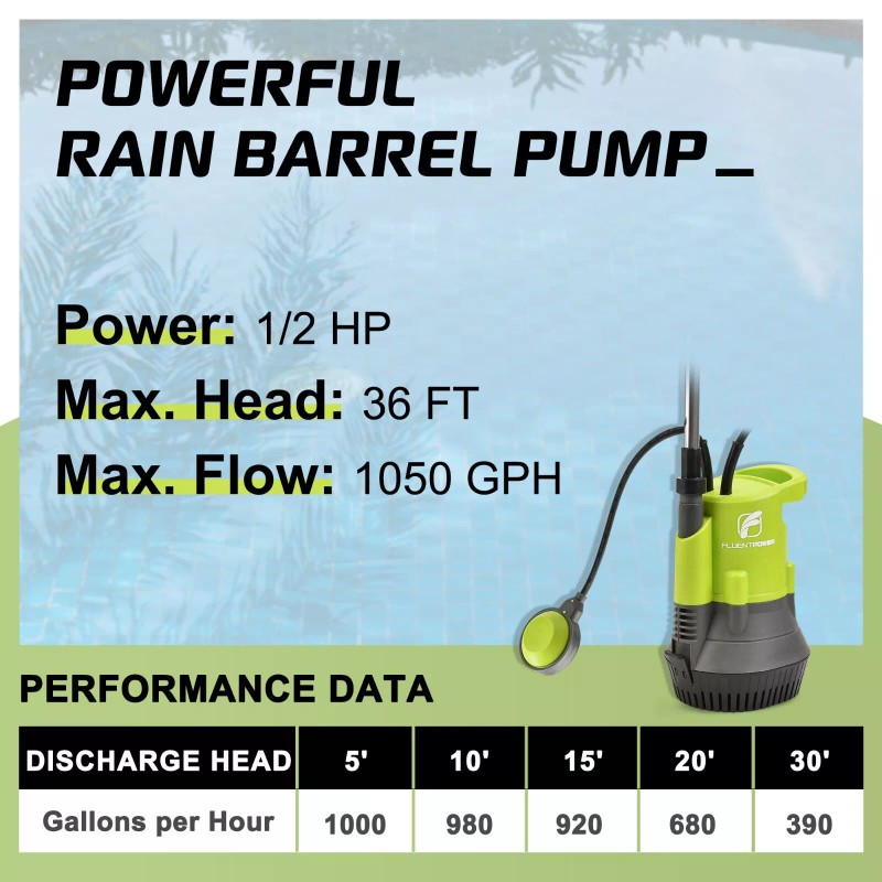 FLUENTPOWER 1/2HP Rain Barrel Pump, 1050GPH Submersible Water Butt Pump
