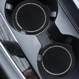 4 Pack Bling Car Coasters, 2.75 Inch Bling Crystal Rhinestone Diamond Soft Rubber Pad Set Round Auto Cup Holder Insert Drink Coaster (Black)