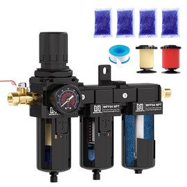 NEWPO 1/2 Inch NPT Three Stage Air Drying System,air Pressure Regulator with 5＆0.01 Micron Filter Cartridge，Desiccant Dryer & Air Regulator, Metal Bowl Manual Drainage-Black