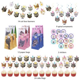 Flyan 61Pcs Cat Birthday Decoration,14 Pcs Cat Face Birthday Banner with 24 Pcs Puppy Cupcake Toppers,9 Pcs Hanging Swirl Decorations,12 Pcs Kraft Paper Bags 2Pcs Stickers for KittenTheme Birthday Party, FJW0409
