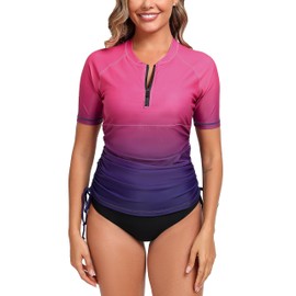 Halcurt Women's Half Zip Short Sleeve Rash Guard Swim Top with Bra Drawstring Adjustable UPF50+ Swimsuit Ombre Hot Pink Purple M