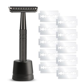 Double Edge Safety Razor with 10 Blades and Stand, Single Blade Razors for Men and Women, Long and Heavy Duty Stainless Steel Handle, Smooth Close Gentle Shave, Black