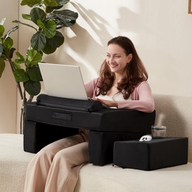 Halituny 2-in-1 Reading Pillow for Sitting in Bed Adult with Arm Rest，Ergonomic Lap Desk Pillow with Cup Holder, Back Rest Pillow for Couch Floor Sitting up, Watching TV, Reading, Gaming, Black