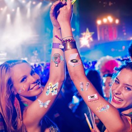 JoyAura Eras Party Temporary Tattoos - 8 Sheets 200 Pcs Music Themed Face Fake Tattoo Stickers Women Pop Singer Birthday Decoration for Girls Fans Concert Party Supplies