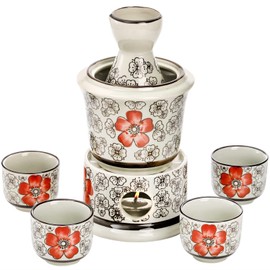 Foraineam Ceramic Sake Set with Warmer, Japanese Style Porcelain Hot Saki Drink Warmer Set, 7 Pieces Set Including 1 Stove, 1 Warming Bowl, 1 Sake Bottle, 4 Sake Cups