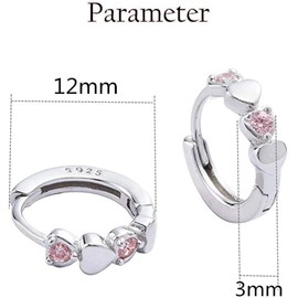 Double Love Heart Cubic Zirconia Sleeper Small Hoop Earrings for Women Teen Girls Sterling Silver Cartilage Tiny Cute Huggie Hoops Hypoallergenic for Sensitive Ear Pink CZ