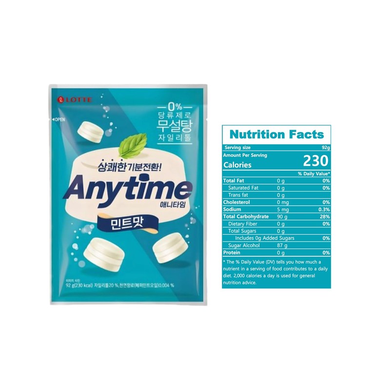 Anytime Mint Hard Candy, Sugar Free Korean Candy with Xylitol,