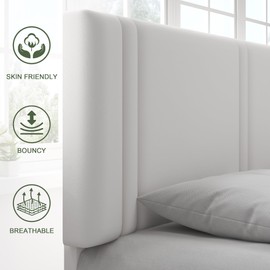 Feonase Queen Platform Bed Frame, Velvet Upholstered Wingback Bed Frame, Solid Wood Slats & Heavy Duty Feet Support, No Box Spring Needed, Noise-Free, Easy Assembly, White