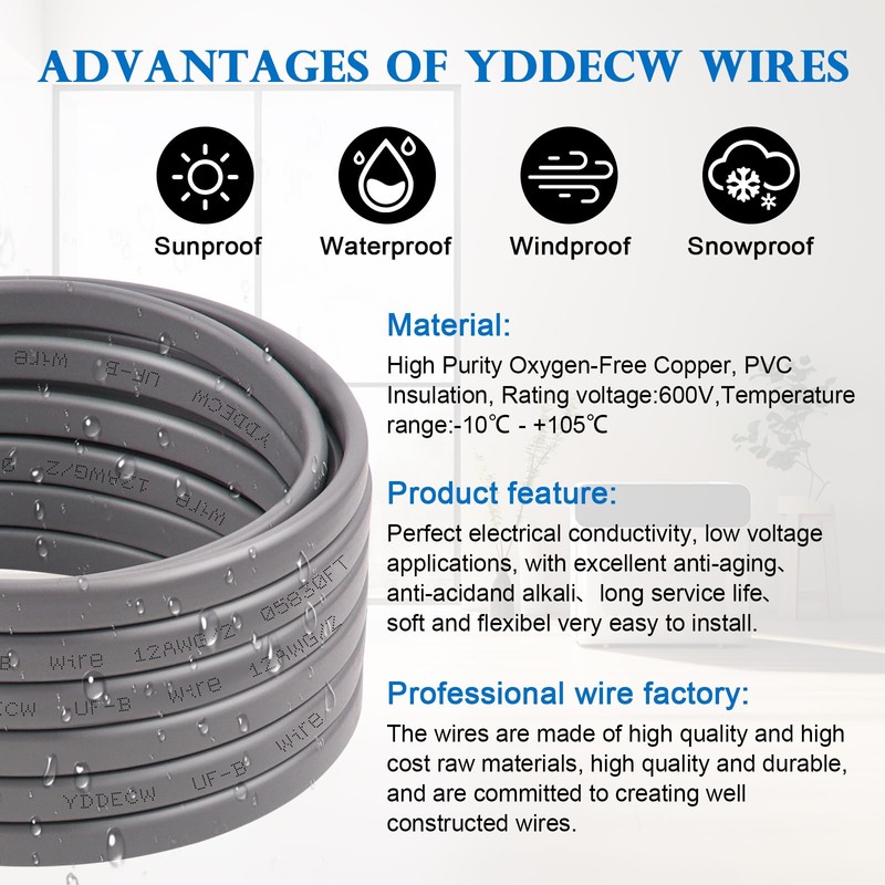 YDDECW 12/2 UF-B Wire - 50FT 100% Pure Copper 12AWG