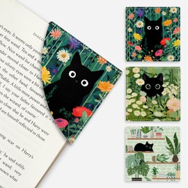 Icycay Cute Black Cat Floral Corner Bookmarks, Funny Leather Book Accessories for Book Lovers, 3 Pcs Reading Book Page Markers for Women Men Student Teacher Girls Boys Kids Retirement Birthday Gifts