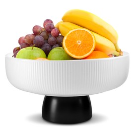 8-Inch Ceramic Fruit Bowl, Decorative Fruit Bowl with Black Base, Porcelain Fruit Bowl for Kitchen Counter, Fruit Tray for Breads, Candy, Snack, Dessert (White Ceramic)