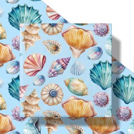 RUSPEPA Beach Seashell Wrapping Paper Roll for Kids, Mini Roll, Watercolor Ocean Gift Wrap with Conch and Scallop Shell, Blue Coastal Design for Birthday, Holiday, Summer Party, 17 Inches x 16.4 Feet