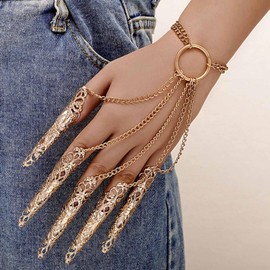 Wendalern Punk Finger Claw Chain Bracelet Long Finger Tip Ring Bracelet Gold Hand Chain Bracelet with Finger Nail Claw Vintage Slave Hand Harness Bracelet Costume Jewelry for Women and Girls
