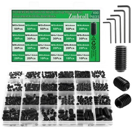 Zmbroll 690Pcs Black Set Screws Metric M3M4M5M6M8 Allen Head Socket Hex Grub Screws 12.9 Class Alloy Steel Internal Hex Drive Headless Grub Screw for Machinery, Furniture, DIY Fixing