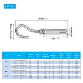 sourcing map Concrete Wall Hook M6x90mm, Expansion Shoulder Eye Bolts Open Cup Hook 304 Stainless Steel for Indoor Outdoor Ceiling Concrete Walls, Pack of 2