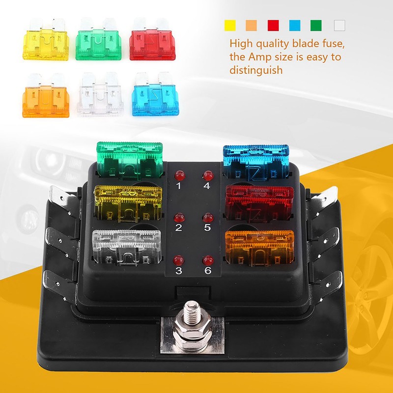 6 Way Circuit Blade Fuse Box Block Holder With LED
