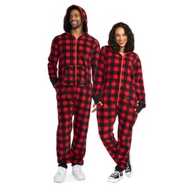 Tipsy Elves Christmas Onesies for Adults - Comfy Unisex Matching Holiday Jumpsuits with Convenient Pockets - Red Buffalo Plaid Christmas Jumpsuit Size X-Small