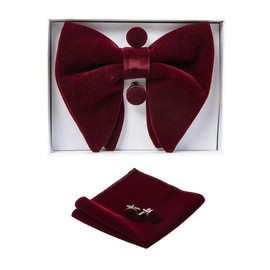 GUSLESON Mens Wedding Bow Tie and Pocket Square Cufflink Sets Velvet Pre-tied Burgundy Wine Bow Ties (0571-14)