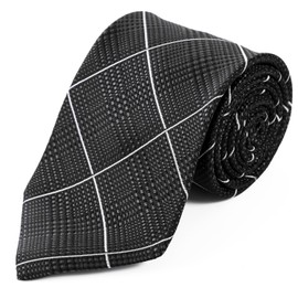 Michi Kolondon Brand Necktie, Made in Japan, 100% Silk, Jacquard Woven, Checkered Pattern, Checkered, C-Pattern: Black