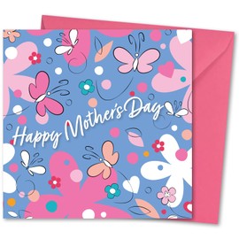 Mothers Day Card. Card for Mum. Butterfly & Daisy design with matching envelope. Size 150 x 150mm. Ecofriendly. Printed and Packed in UK. Blank Inside.