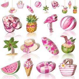 Purpeak 36 Pcs Summer Tree Ornaments Hawaiian Wood Hanging Decorations Watermelon Flamingo Summer Beach Wooden Pendant Pink Hanging Decorations for Tree Wooden Ornament for Holiday Party