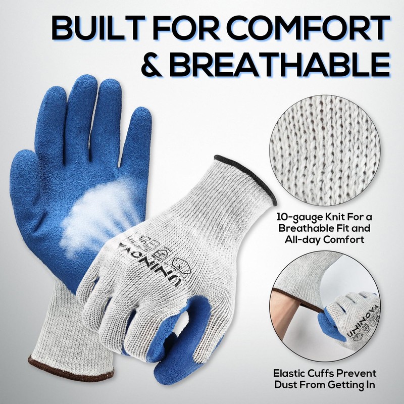 UNINOVA Work Gloves, Crinkle Rubber Latex Palm Coating, Safety Work